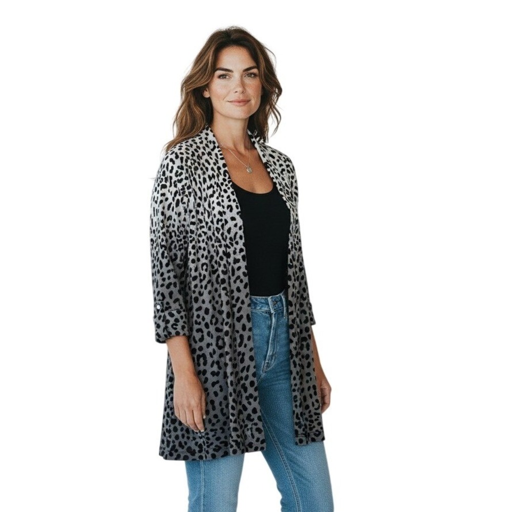 Rafaella Grey Black Leopard Print Ombre Open Front Cotton Cardigan Women's M